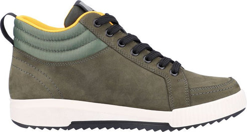 Olive green high-top sneaker with black laces and white sole.