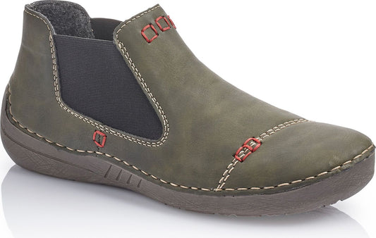 Olive-green ankle boot with elasticized ankle, red decorative stitching and gray lining.