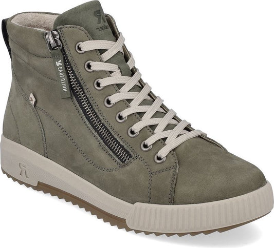High-top light green sneaker with side zipper and white laces.