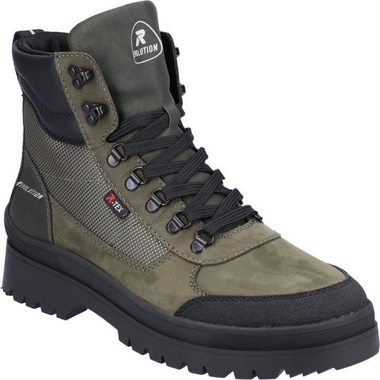 Olive-green high-top boot with black laces, black trim, a lug sole, and a logo with the letter 'R'.