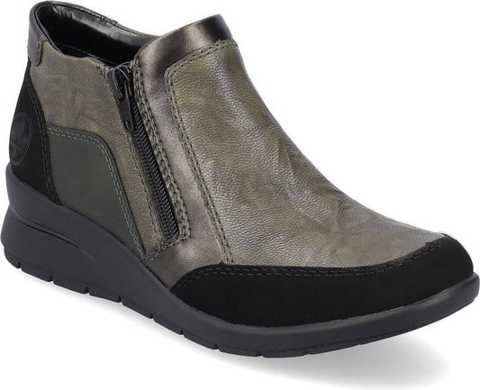 Olive green ankle boot with a zipper, black sole and black fabric trim.