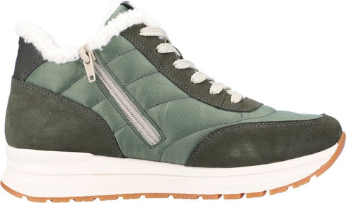 Olive green quilted sneaker with side zipper, shearling trim and tan sole.