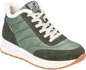 Olive green sneaker with off-white platform sole, laces, and faux fur lining. The tongue displays the word "EVOLUTION" with a logo above it.