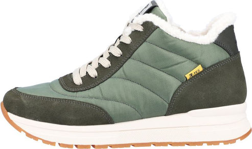 Olive green sneaker with beige laces, padded upper, dark green suede accents, white faux fur lining and midsole, and brown outsole.