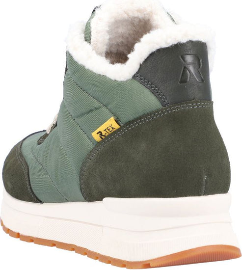 Olive green R-TEX high top sneaker with a white faux fur lining and off-white platform sole.