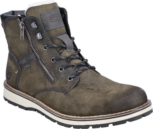 Olive green, laced high-top boot with side zip and white sole.