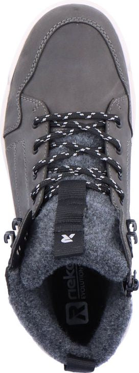 Top-down view of a gray ankle-high shoe with black and white laces and zipper.