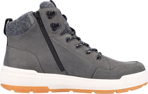 A grey high-top boot with a side zipper, black and white laces, metal eyelets and a white and tan sole.