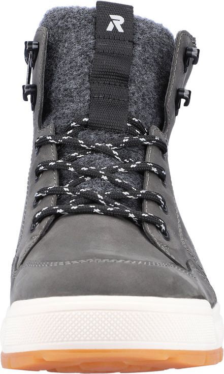 Gray lace-up boot with visible R logo at top.