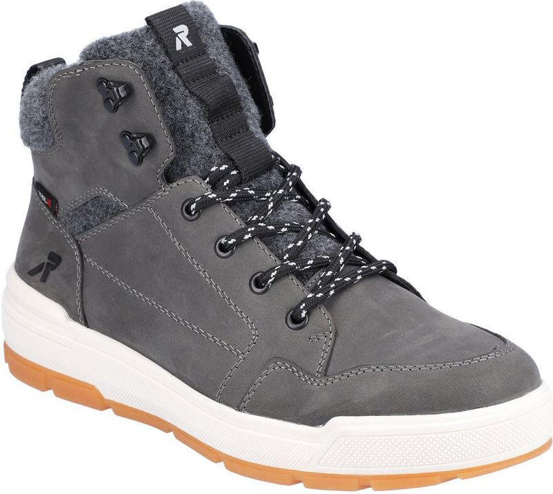 Gray ankle-high sneaker with black laces, white midsole, and tan outsole.