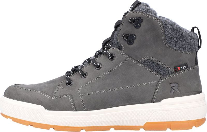 Gray high-top boot with faux fur trim, lace-up closure, and white lug sole.