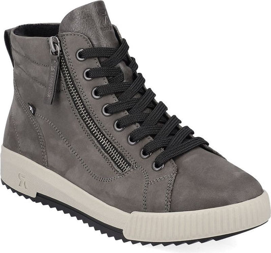 High top grey sneaker with black laces and side zipper.
