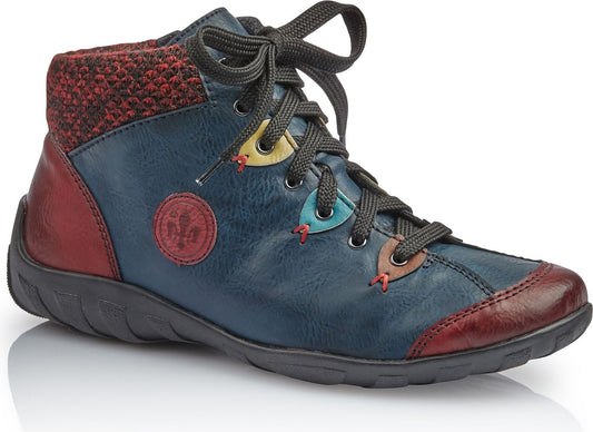 A navy and red ankle boot with decorative stitching and laces.