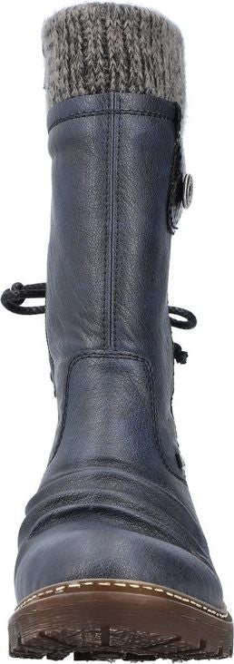 A navy blue boot with gray knitted wool trim at the top.