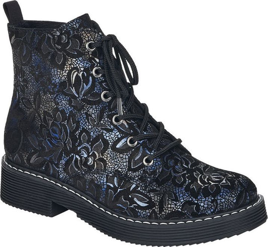 Black lace-up ankle boot with floral design and lug sole.