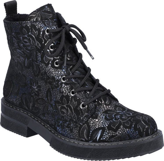 Ankle-high black floral boot with laces and a stacked heel.