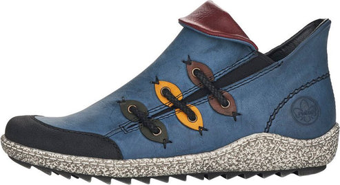 Blue shoe with decorative tie, black toe, maroon and brown accents, and thick patterned sole.