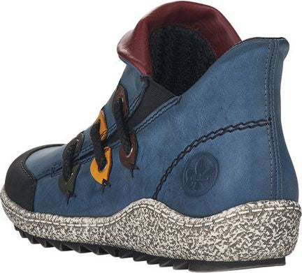 Blue ankle-high sneaker with a red collar, laces, and a speckled sole.