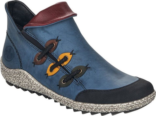 Blue ankle boot with black sole and maroon fold-over detail.