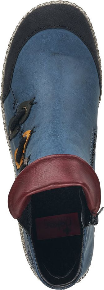 blue ankle boot with bird decoration and maroon folded collar
