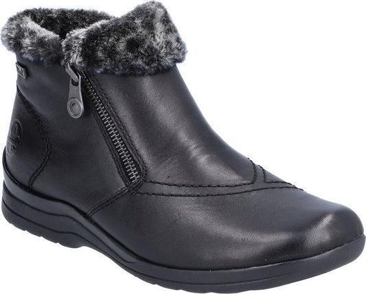 Black ankle boot with fur trim and side zipper.