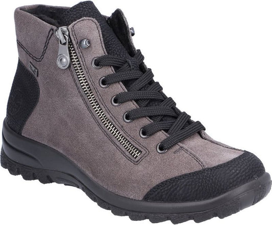 Gray suede ankle boot with black laces and a side zipper.