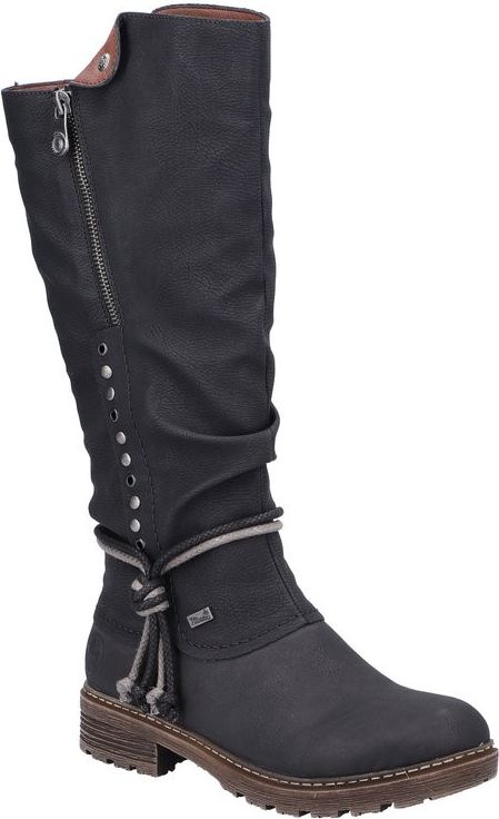 Black knee-high boot with zipper, decorative metal studs, rope tie detail, and rugged sole.