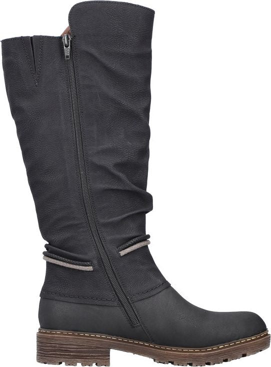Tall black boot with a zipper.