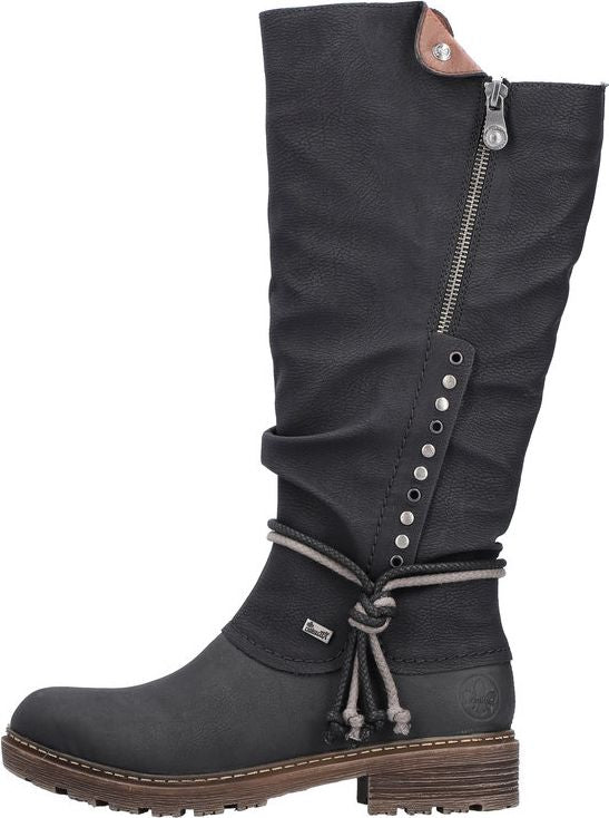 Knee-high black boot with a side zipper, accented with silver rivets, and a decorative rope tie.