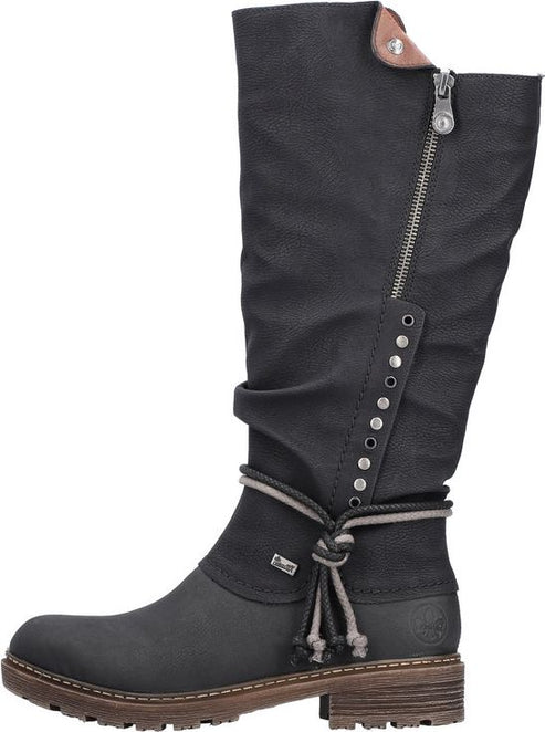 Knee-high black boot with a side zipper, accented with silver rivets, and a decorative rope tie.