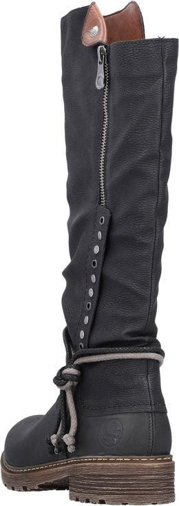 A black, knee-high boot with a zipper, lace details and a rugged sole.