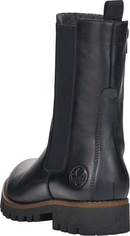Black, mid-calf boot with side goring and a thick lug sole.