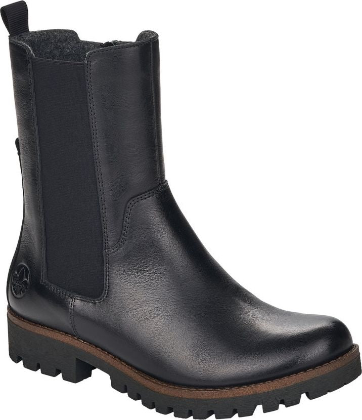 Black leather Chelsea boot with elastic side panels and a chunky lug sole.