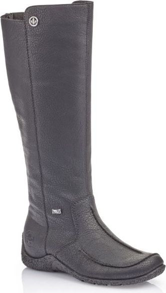 Knee-high, black leather boot with side zipper and decorative button at the top.