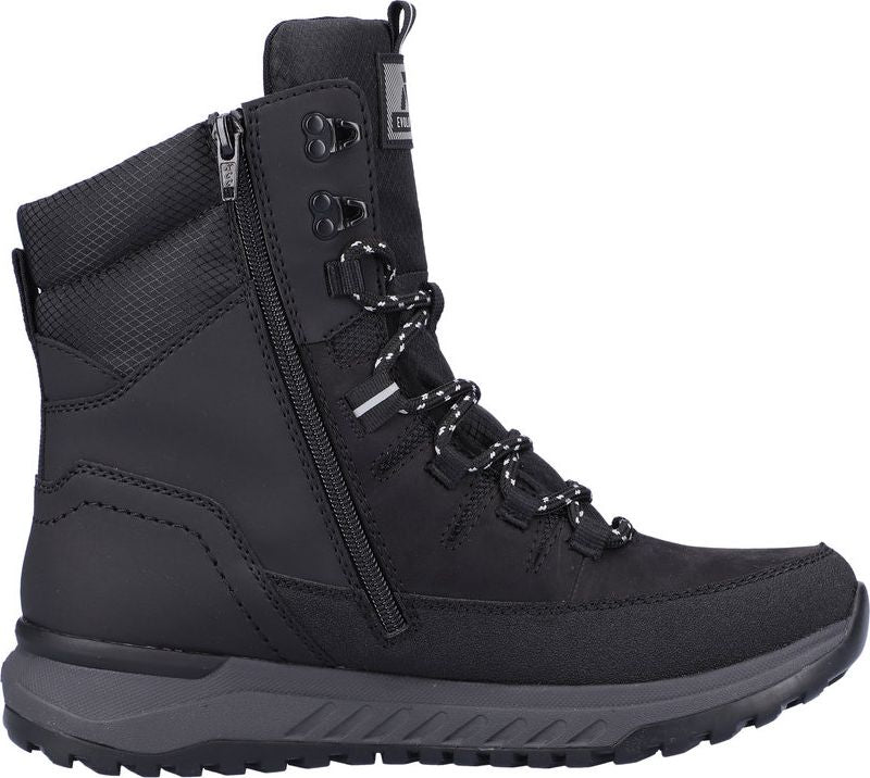 Black high-top boot with a side zipper and laced front.