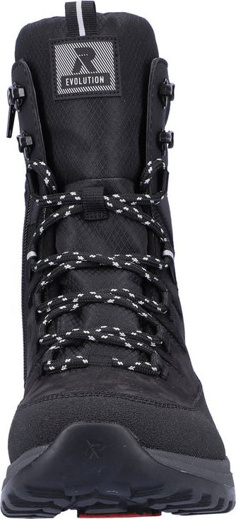 Black high-top boot with black and white laces and the word "EVOLUTION" on the upper.