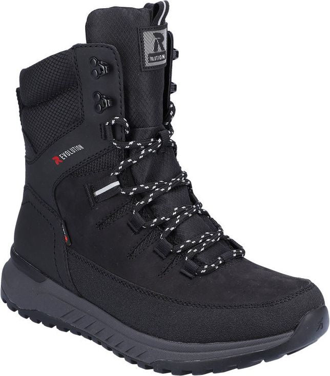 Black high-top boot with laces, metallic eyelets, high traction sole, and R:EVOLUTION text on the tongue and side.