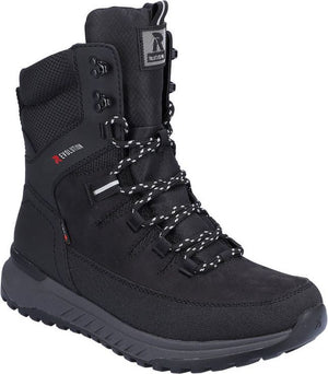 Black high-top boot with laces, metallic eyelets, high traction sole, and R:EVOLUTION text on the tongue and side.