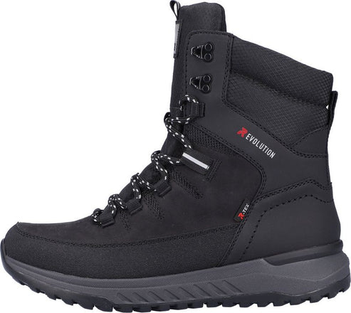 Black, high-top lace-up boot with dark gray sole. Boot features metal eyelets, the word "REVOLUTION" in red, and a black, padded collar.