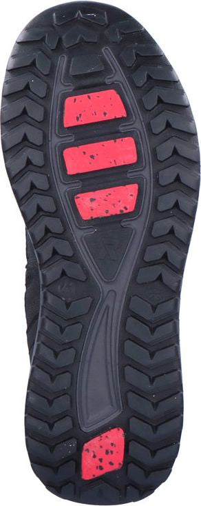 The sole of a shoe showing a pattern of deep treads and red pads.