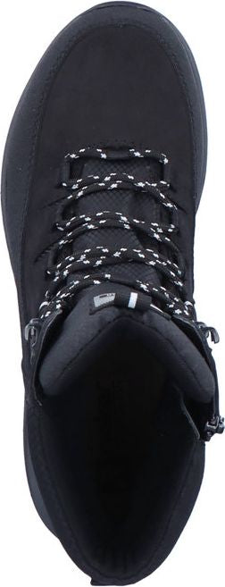 A black boot with white and black laces.