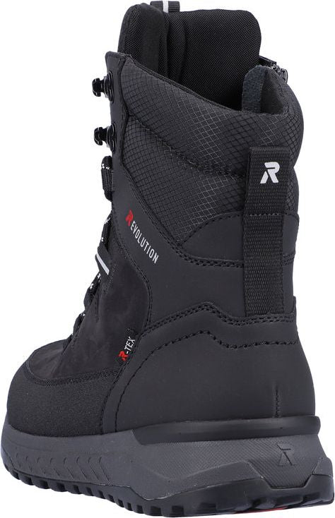 Back view of a black ankle-high boot featuring an "R" logo, "REVOLUTION" text, and "R-TEX" text near the laces.