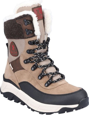 Beige lace-up winter boot with faux fur collar and black and white laces.