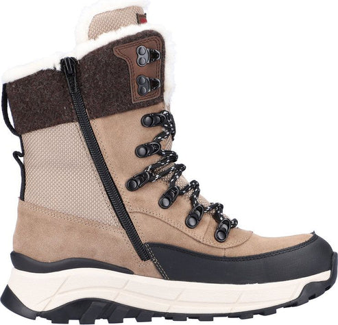 Tan and brown high-top boot with white faux fur trim, side zipper, and black laces.