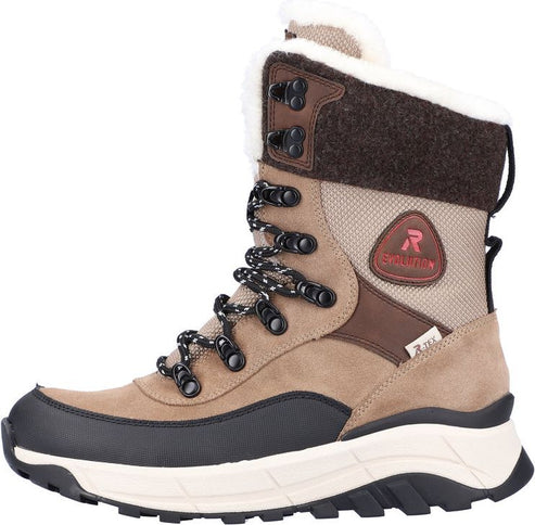 Tan high-top boot with black and white shoelaces, white inner lining, and a thick white and black sole.