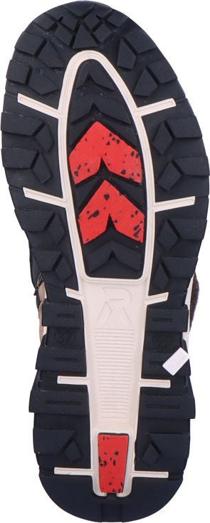 shoe sole with a mix of black, white, and red elements