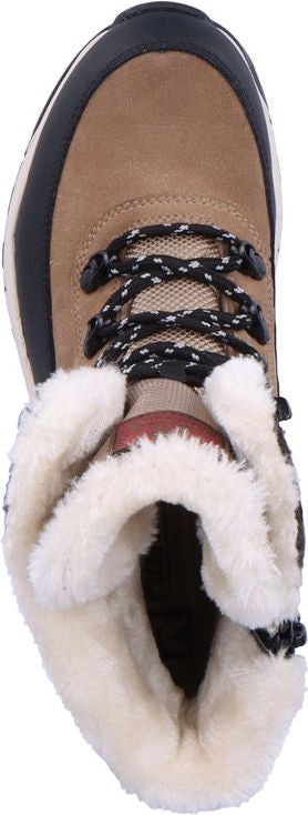 Tan ankle boot with black laces and faux fur trim.
