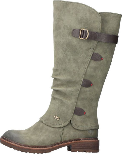 Knee-high green boot with adjustable strap and round toe.