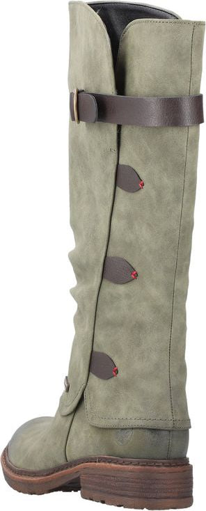 Tall green boot with decorative buttons and a brown strap.