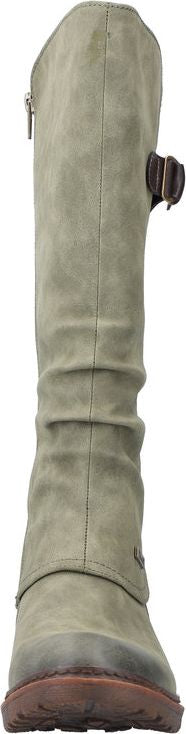 A knee-high, light brown boot with a dark brown sole and a buckle closure.